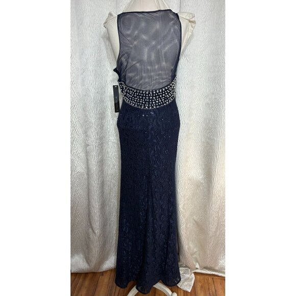 My Michelle Size 5 Sleeveless Navy Lace Sequin Gown Rhinestone Sheer Back NEW - Picture 2 of 12